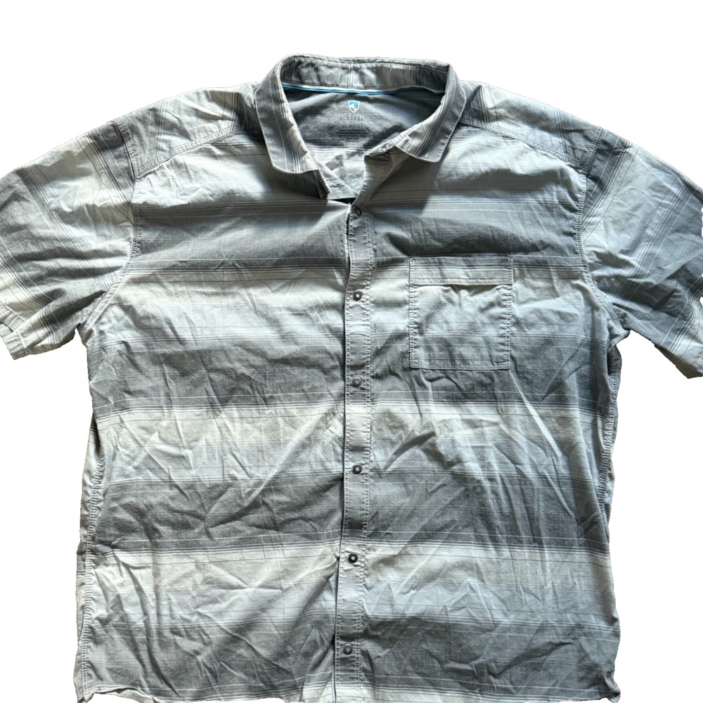 KÜHL Intriguer Short Sleeve Shirt XL Charcoal Gray Stripe Snap Front Technical